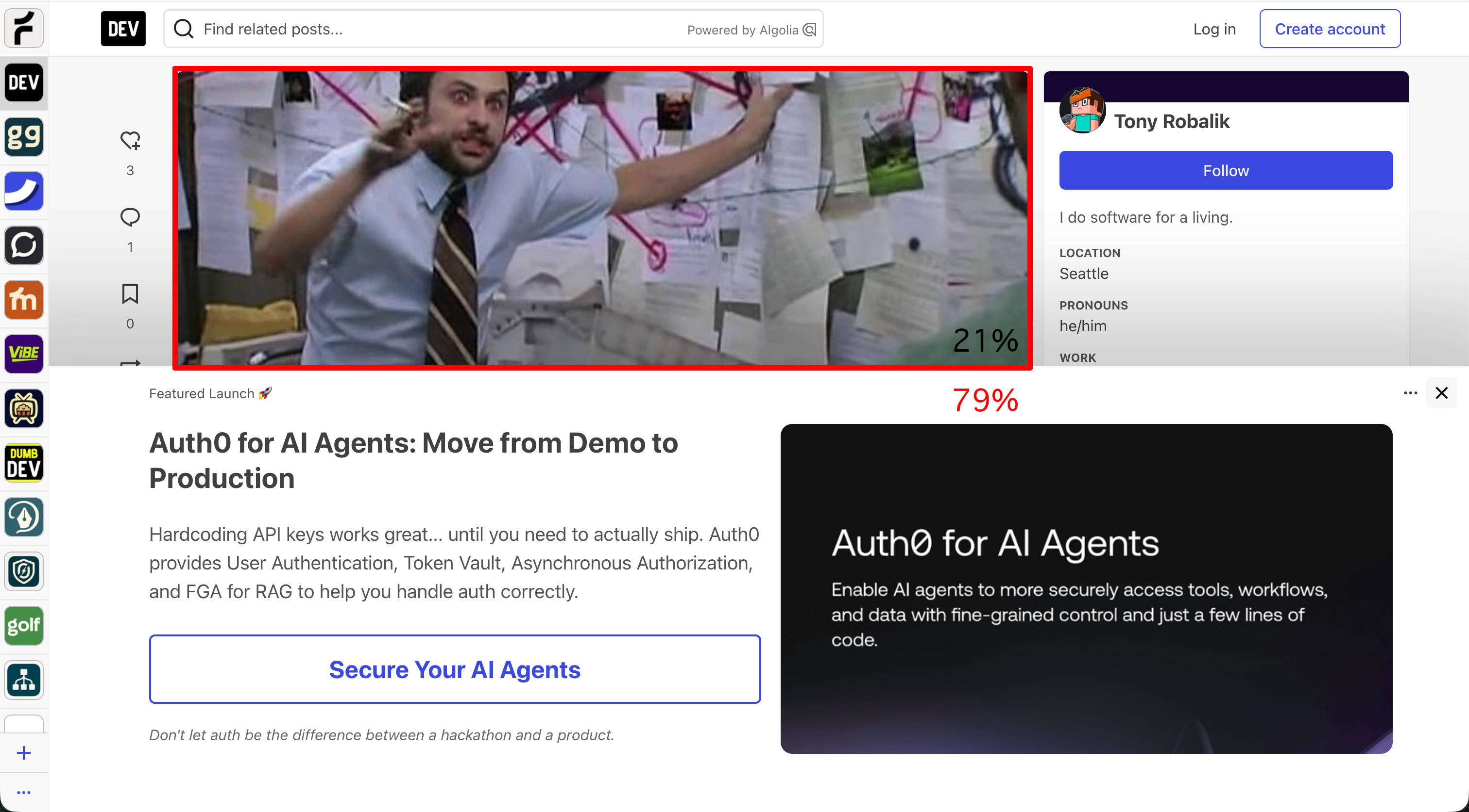 Screencap showing that 79% of page is covered in non-content cruft. Most of it is an ad for something 'AI'-related