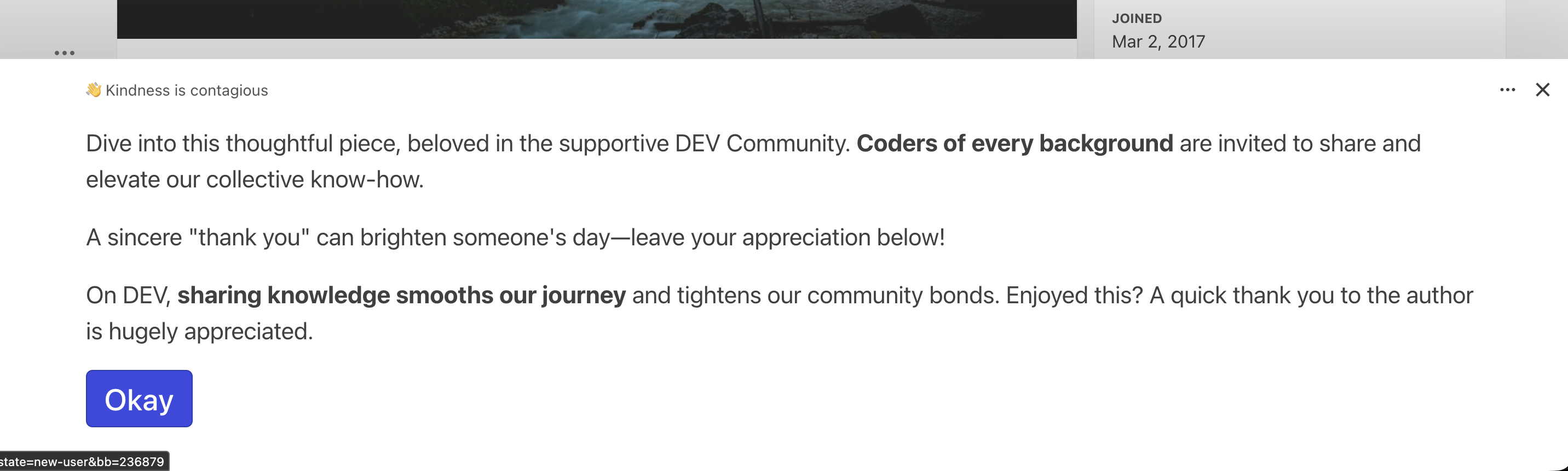 Mandatory pop-up asking readers to acknowledge a vague statement of appreciation