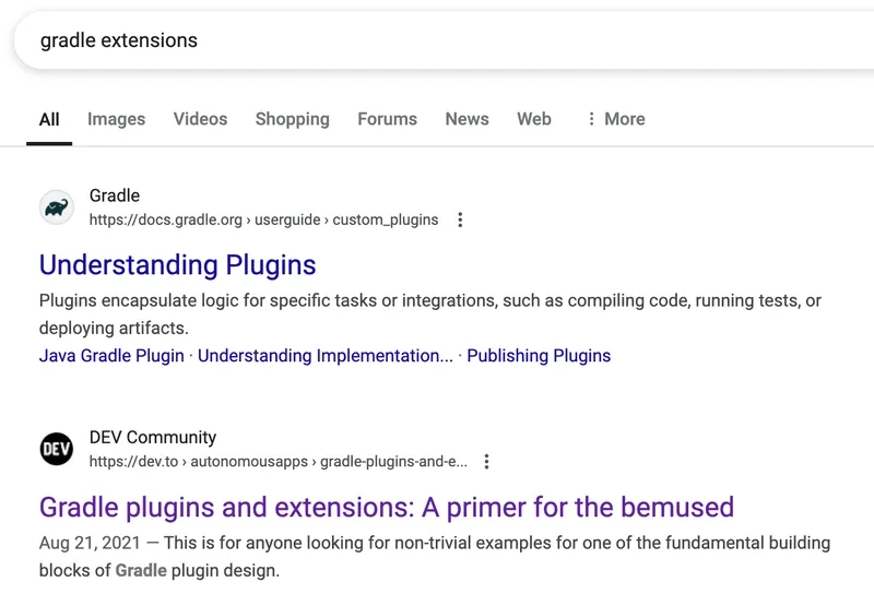 Google search results for 'gradle extensions', with my post at the second position